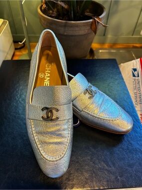 CHANEL Metallic Silver CC Loafers 37